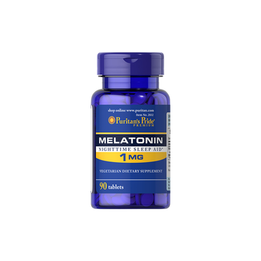 Puritan's Pride Melatonin 1 mg, labeled as a nighttime sleep aid, offers support with 90 vegetarian tablets in a blue bottle. Ideal for enhancing sleep quality or easing jet lag effects.